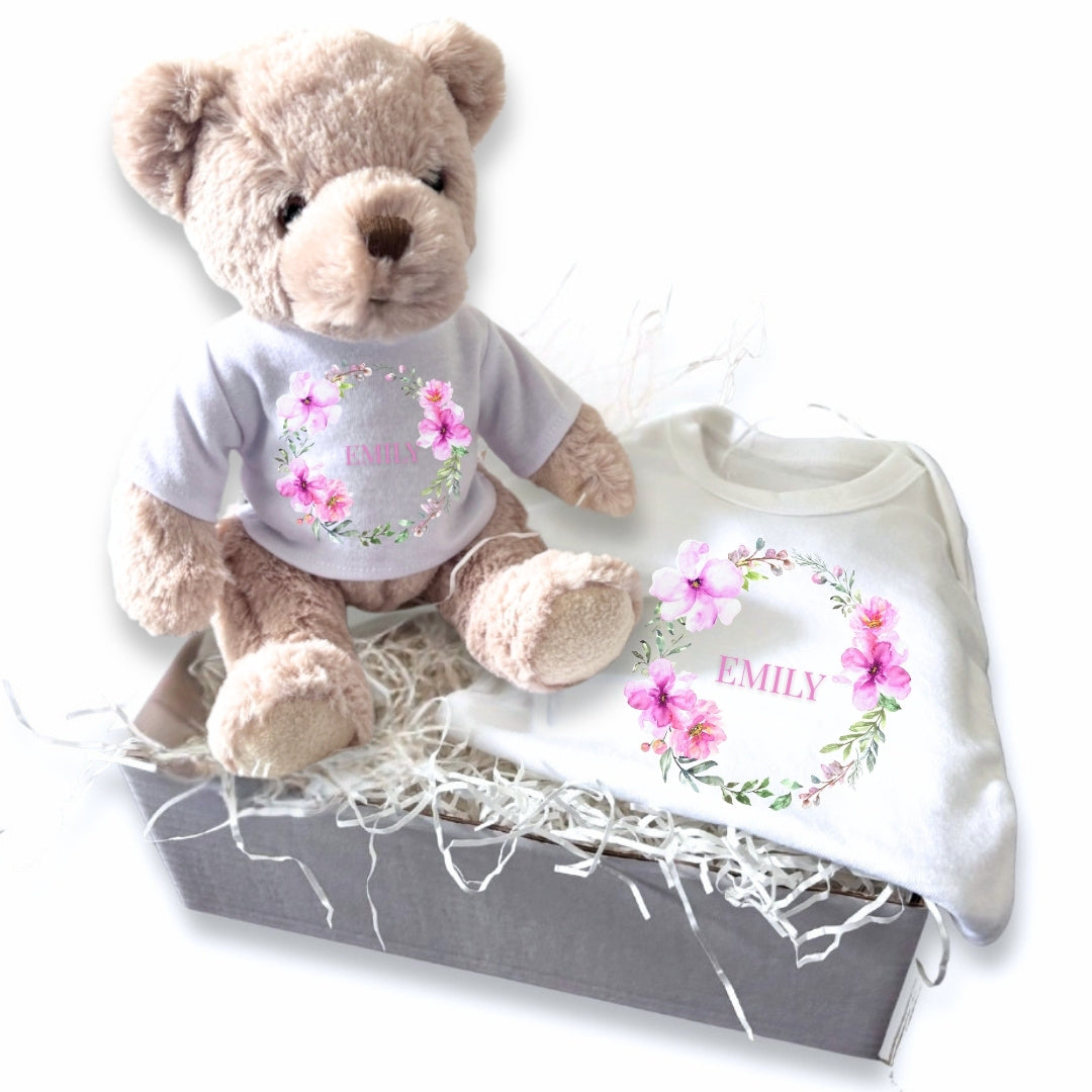 Personalised Pink Flower Wreath Baby Gift Hamper - Teddy & Baby Vest
