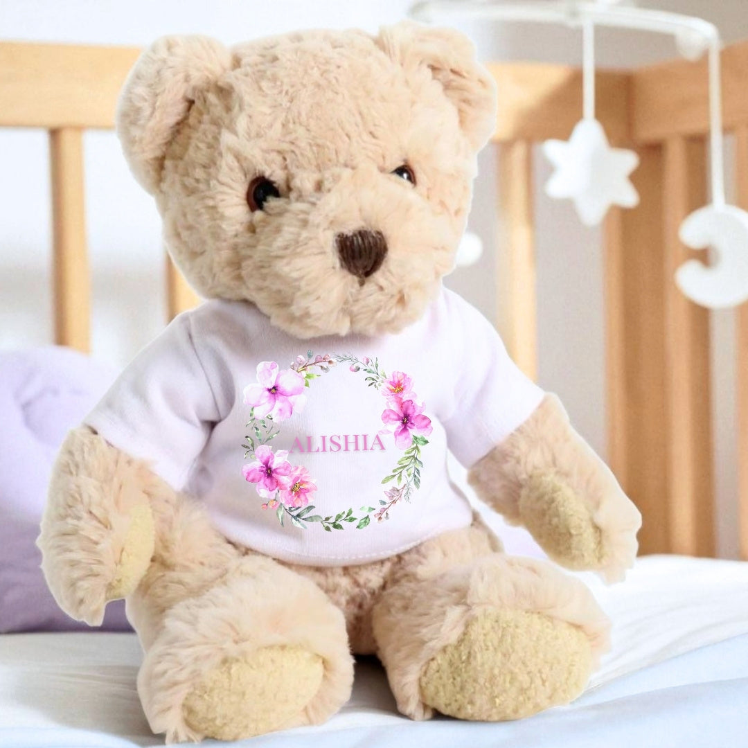 Personalised Pink Flower Wreath Baby Gift Hamper - Teddy & Baby Vest