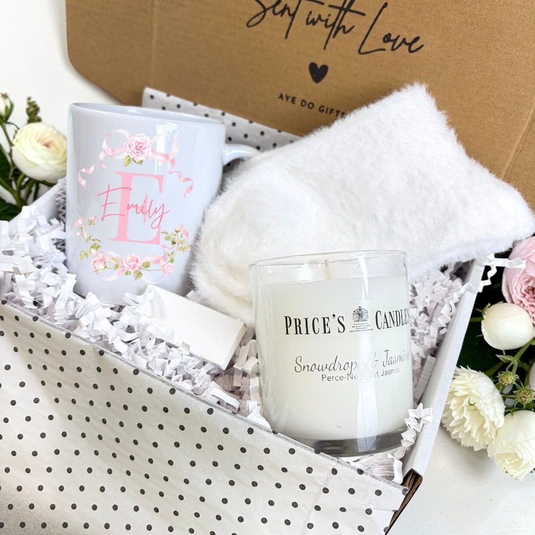 Personalised Pink Roses Mug, Candle & Socks Gift Hamper | Birthday Gift
