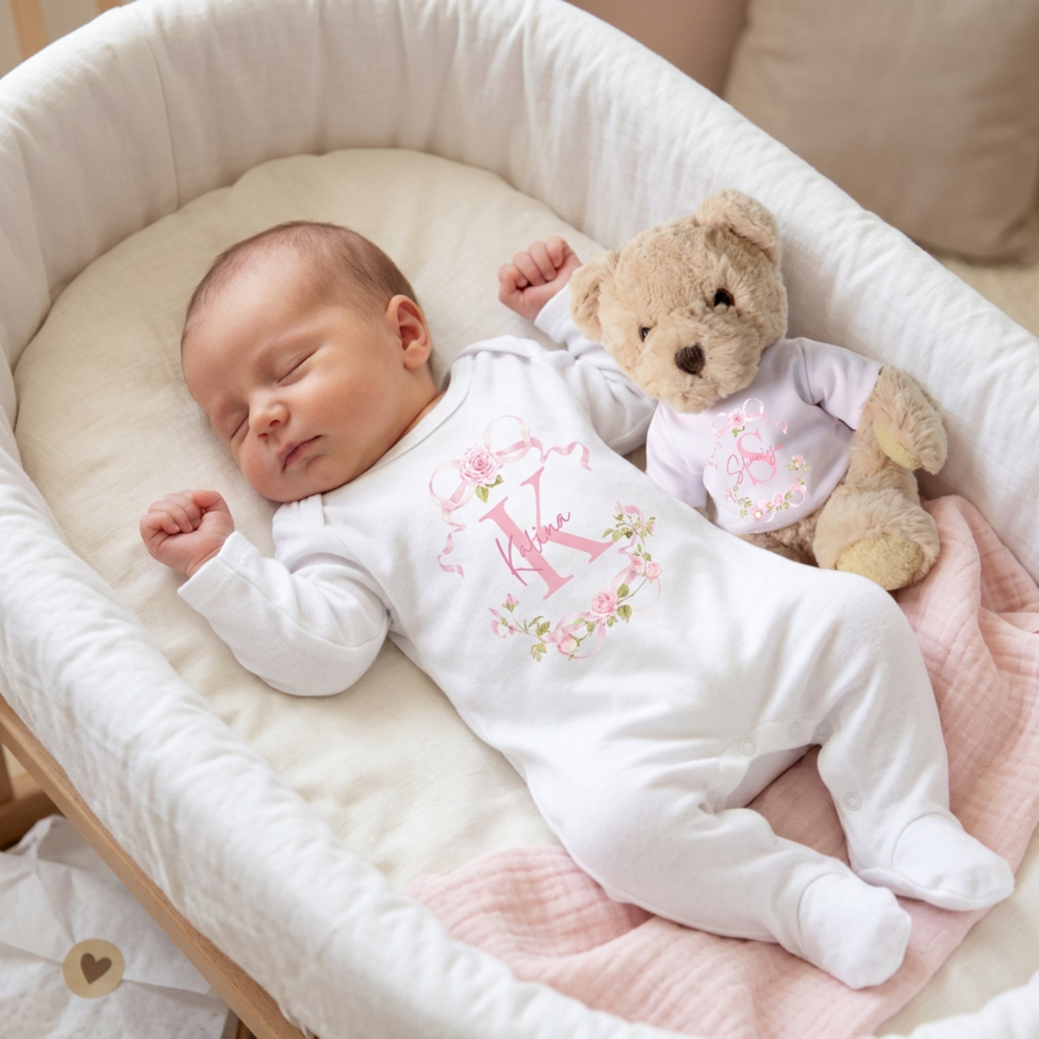 Personalised Pink Roses Teddy Bear Babygrow Or Vest Gift Hamper