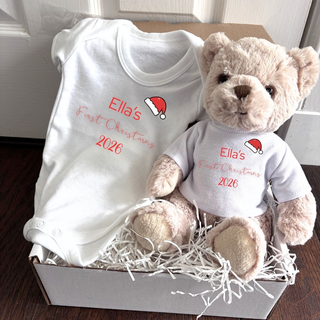 Personalised First Christmas Santa Hat Baby Gift Hamper - Teddy & Vest