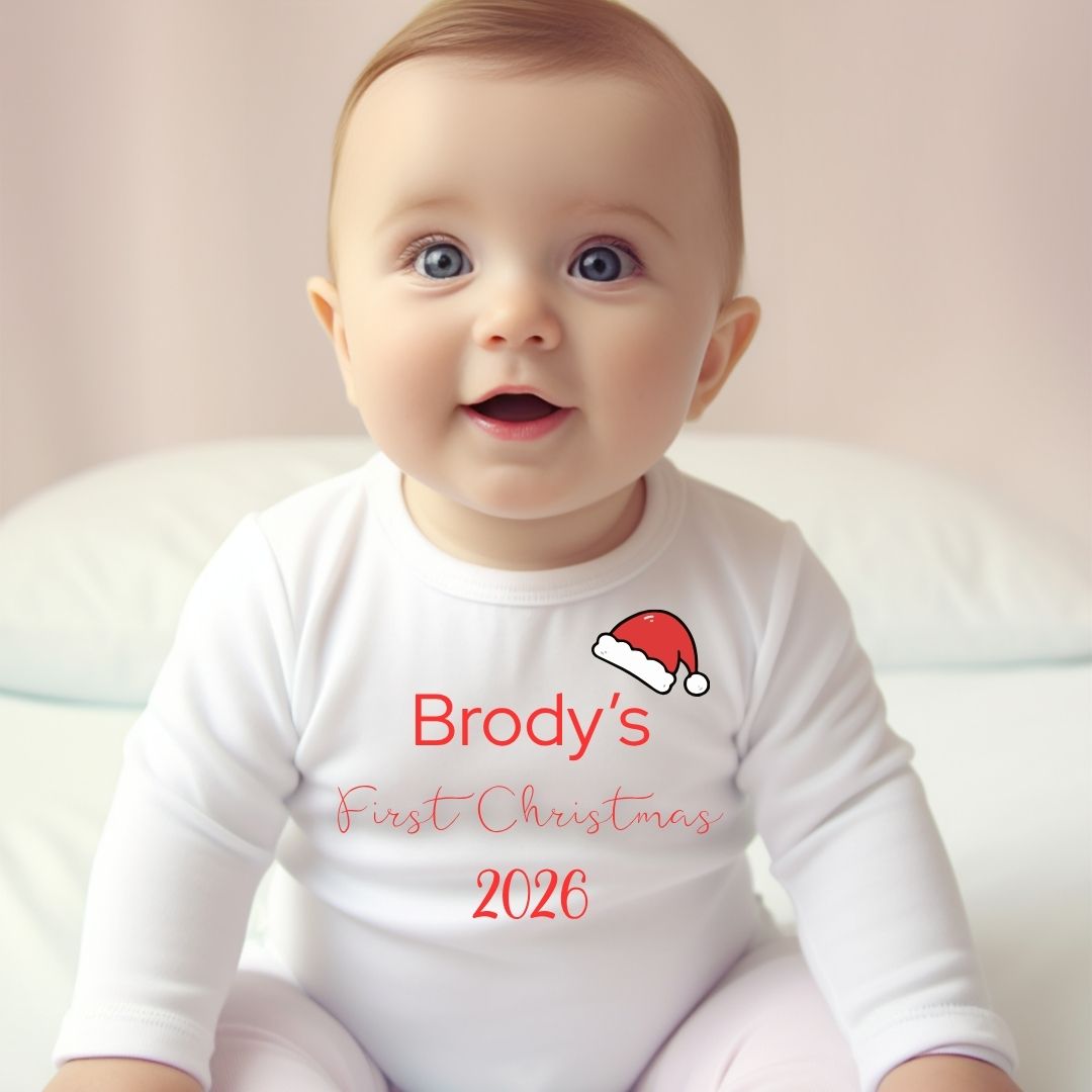 Personalised First Christmas Santa Hat Baby Grow, Vest or Bib with Name