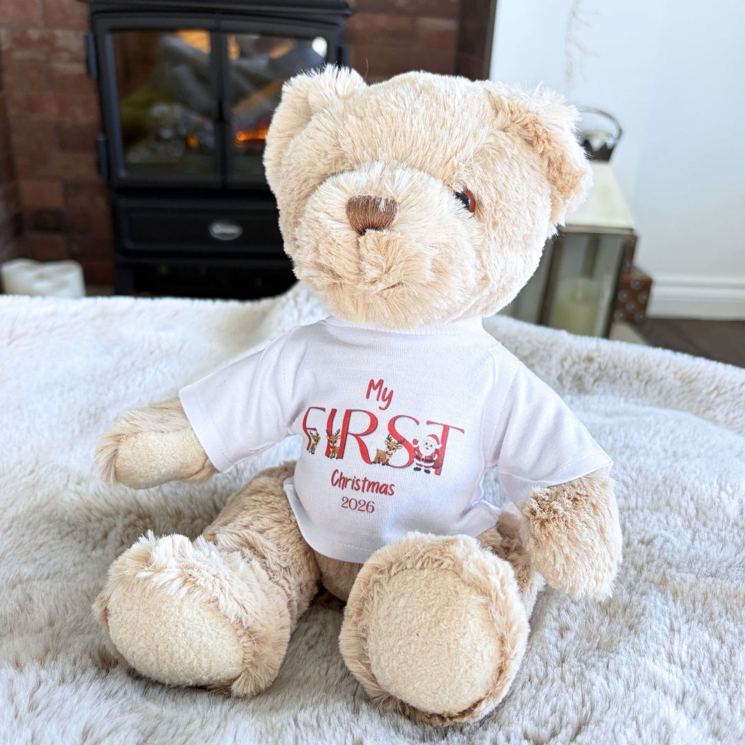 Personalised Luxury Teddy Bear with First Christmas Santa Team T-Shirt