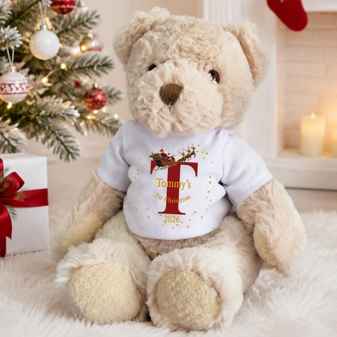 Personalised 1st Christmas Santa Sleigh with Initial Baby Gift Hamper - Teddy & Vest