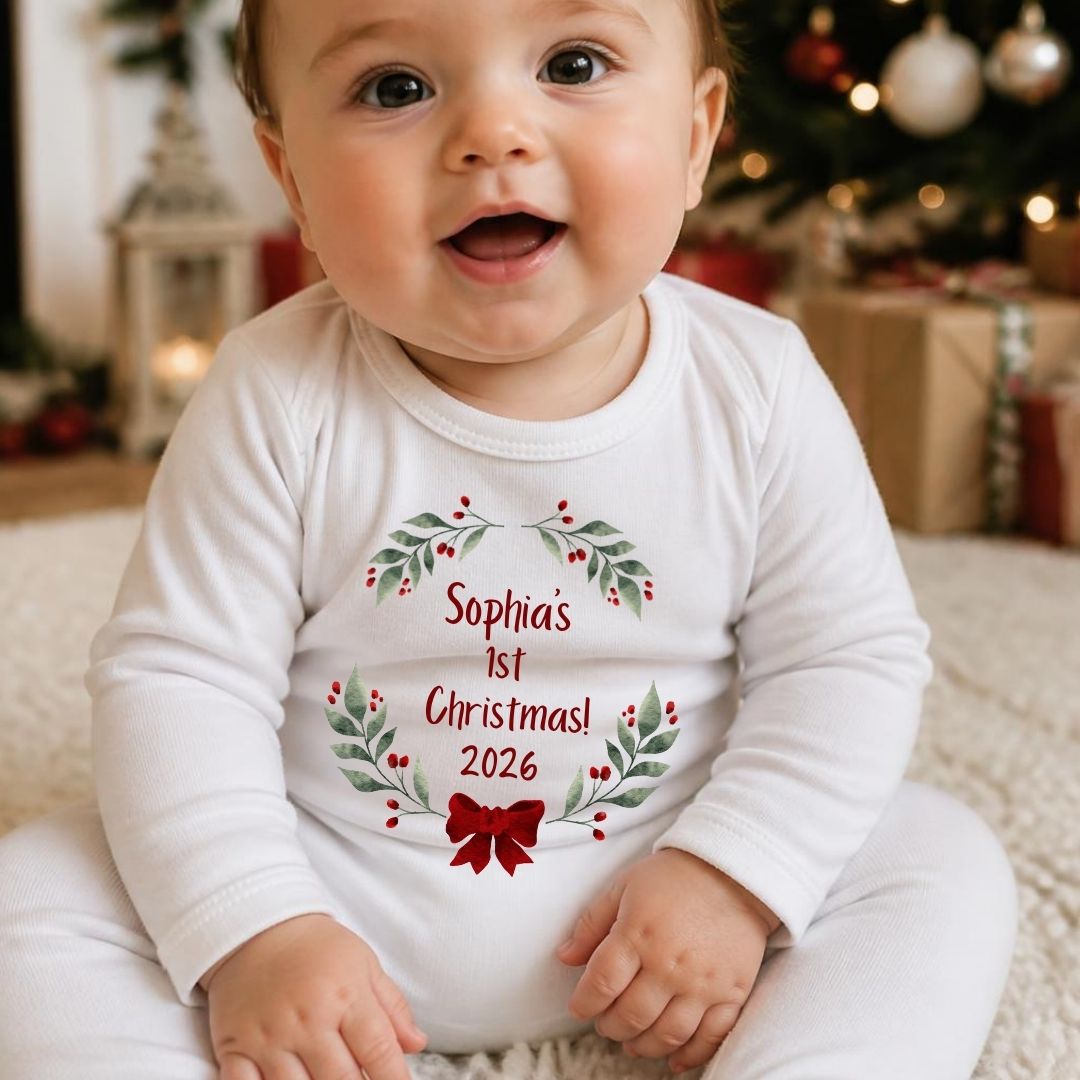 Personalised 1st Christmas Red Bow - Baby Grow, Vest or Bib with Name