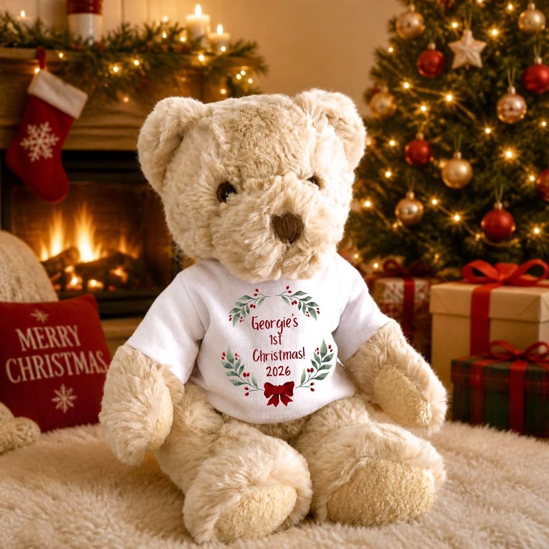 Personalised 1st Christmas Red Bow Baby Gift Hamper - Teddy & Vest