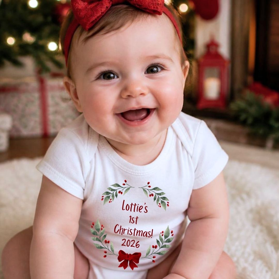 Personalised 1st Christmas Red Bow - Baby Grow, Vest or Bib with Name