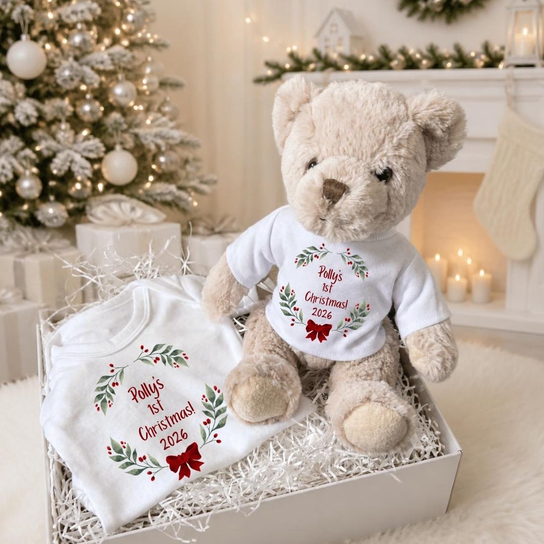 Personalised 1st Christmas Red Bow Baby Gift Hamper - Teddy & Vest