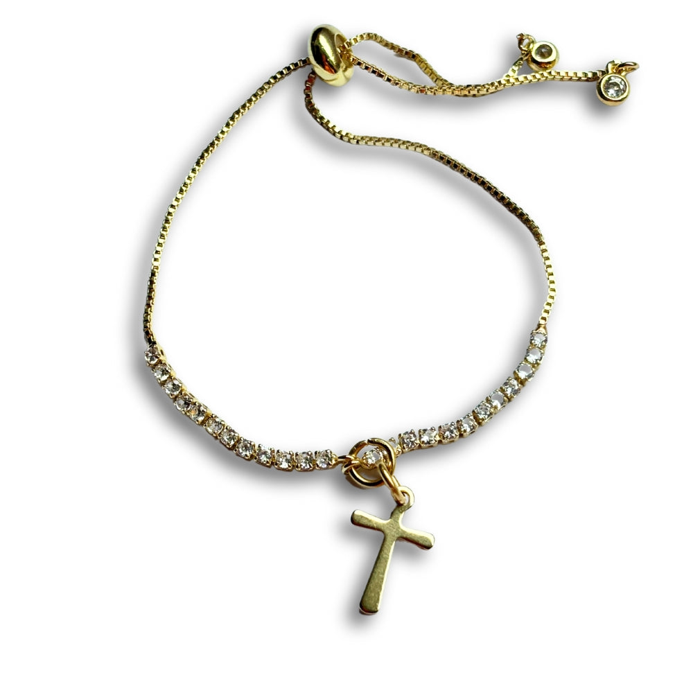 Gold Cross Charm on Fine Diamante Slider Bracelet