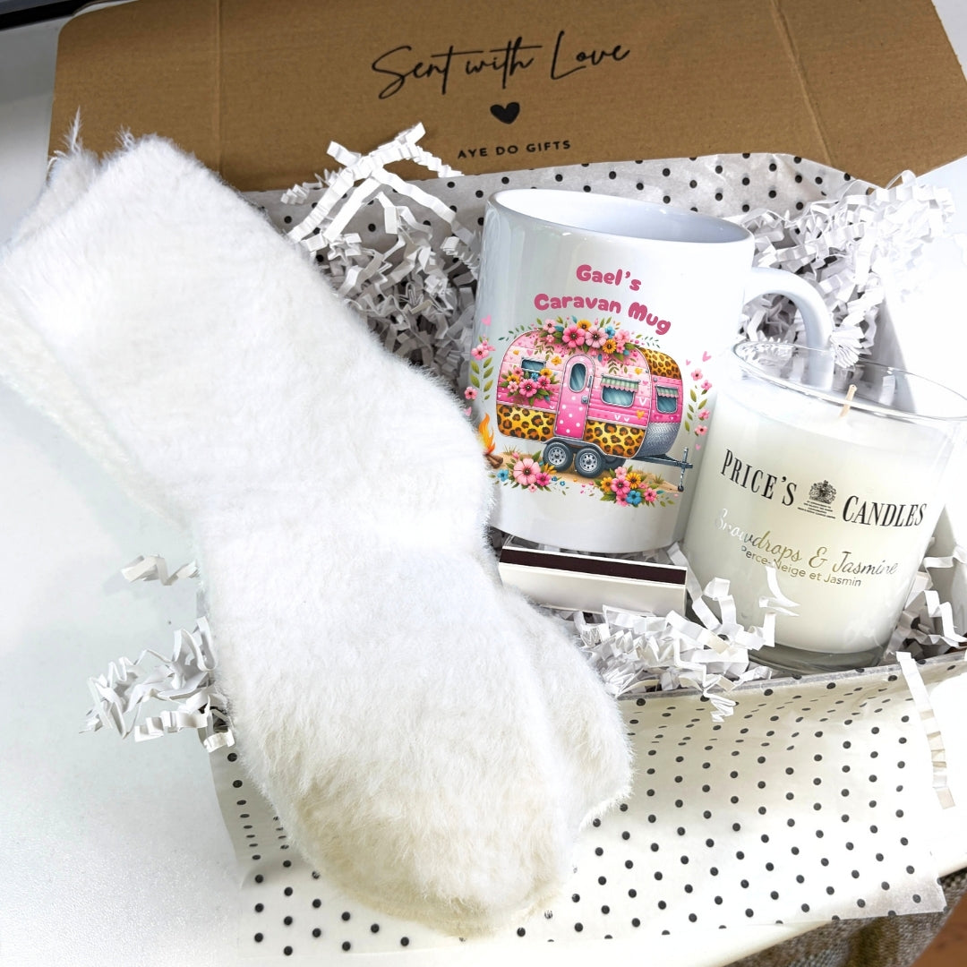 Personalised Caravan Mug, Candle & Socks Gift Hamper | Birthday Gift