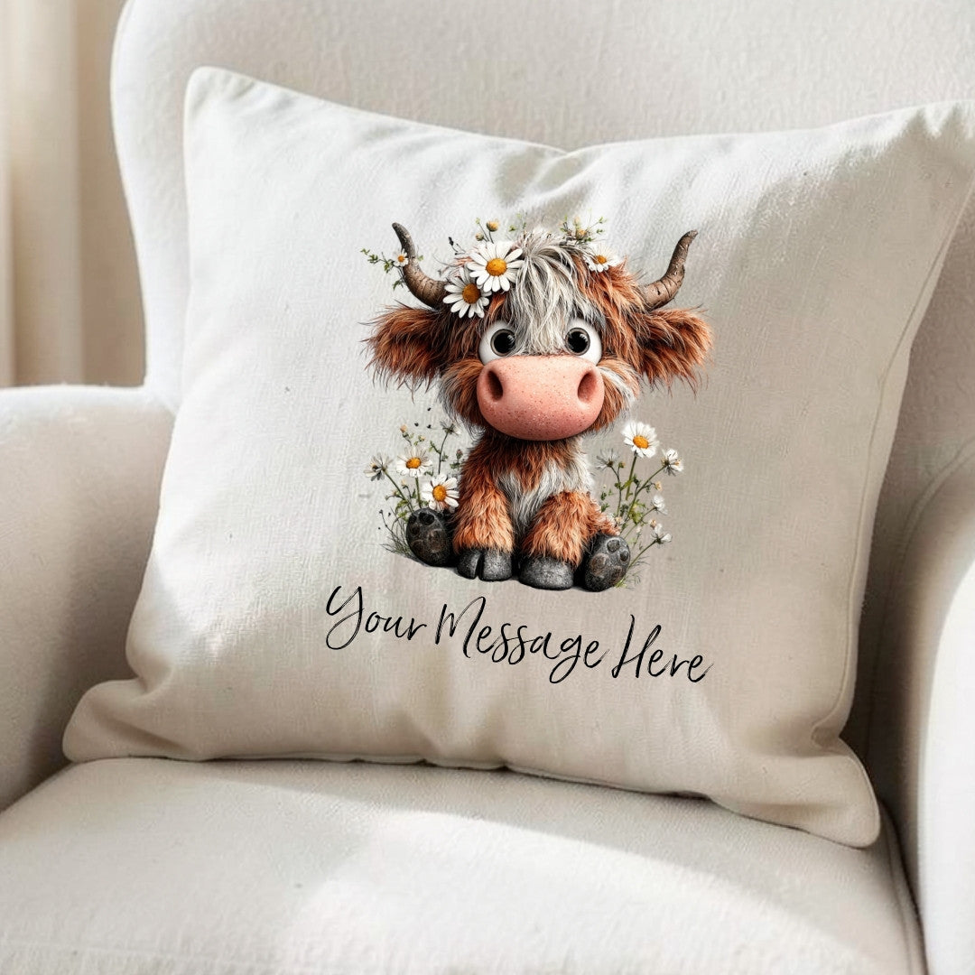 Daisy Highland Cow Personalised Cushion