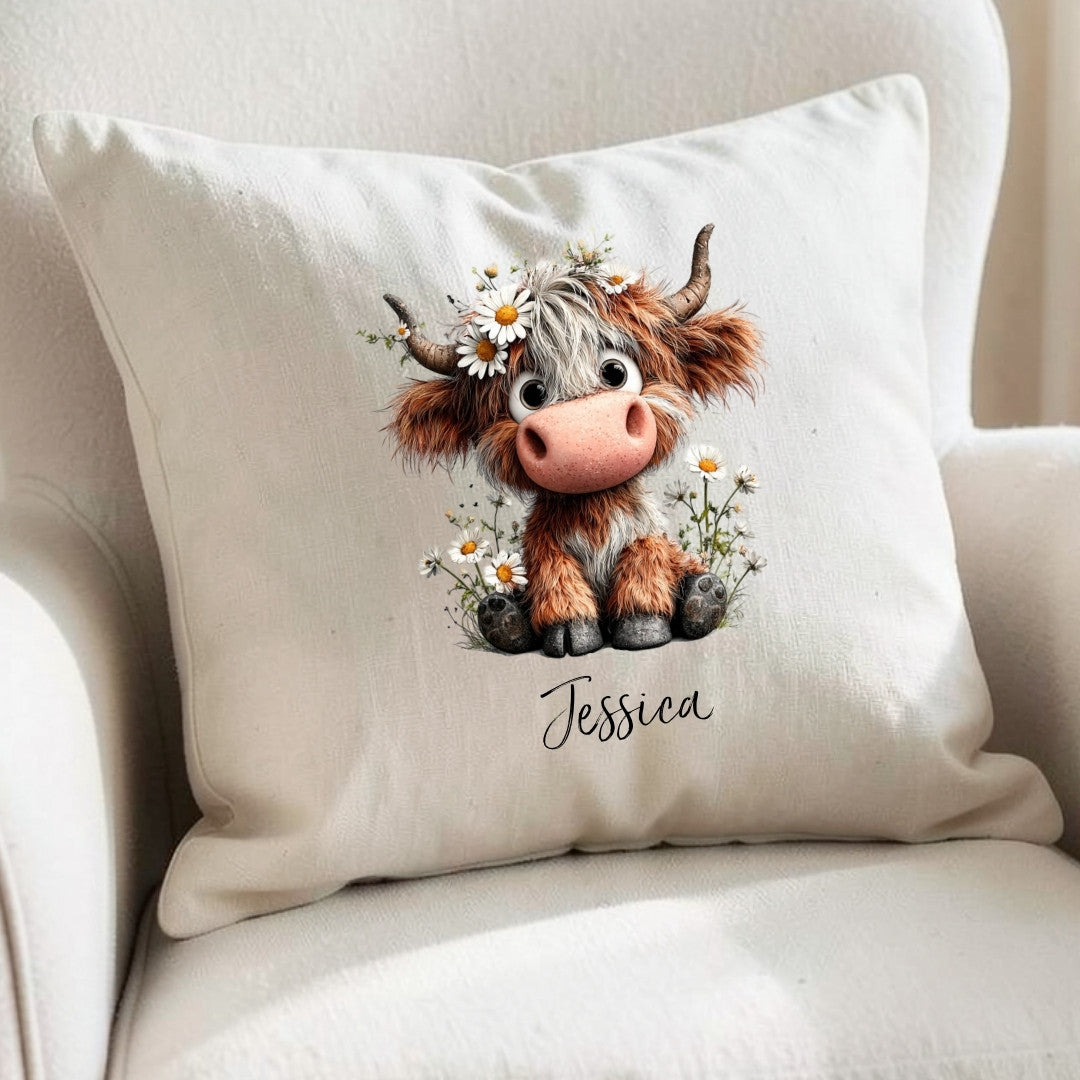 Daisy Highland Cow Personalised Cushion