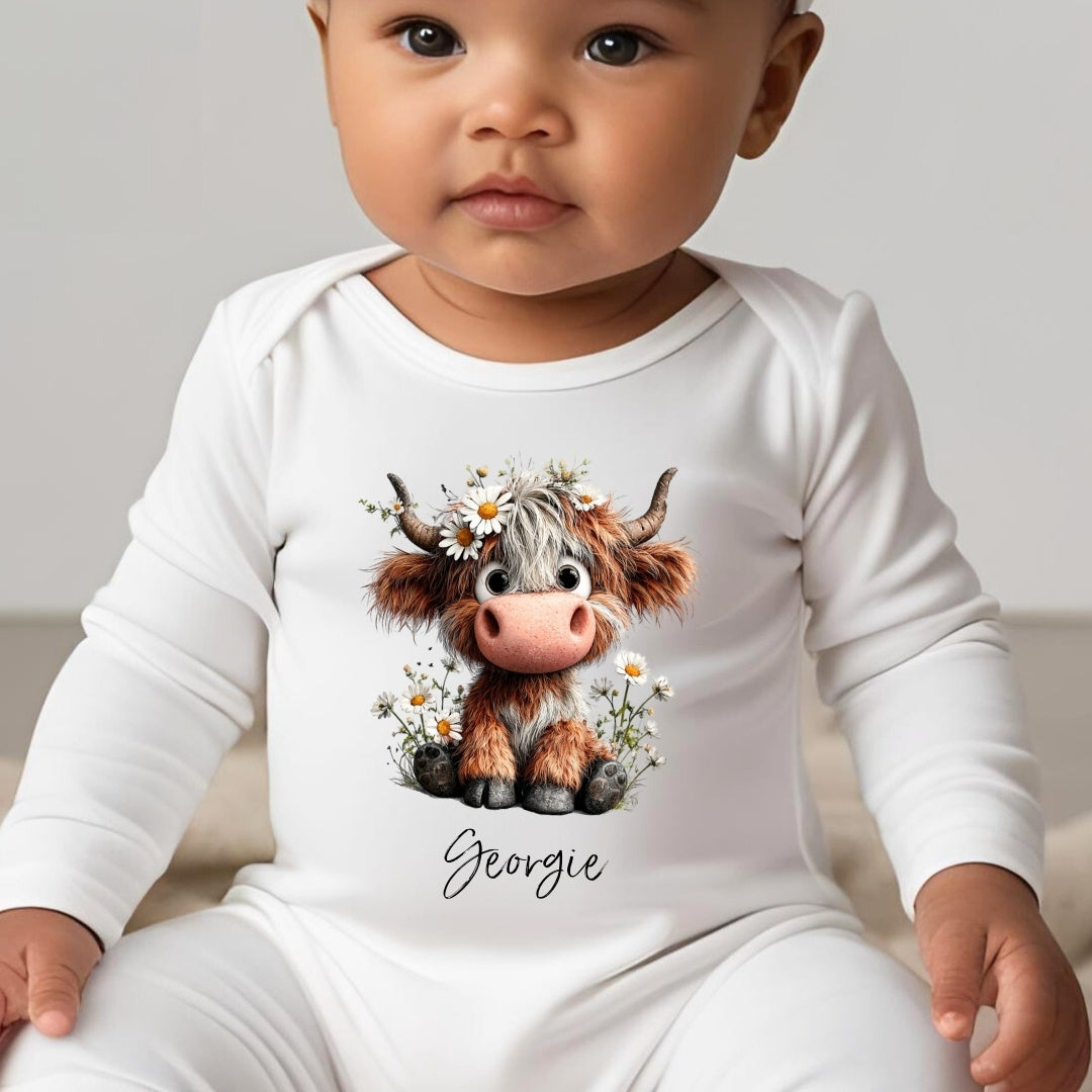 Personalised Daisy Highland Cow Baby Grow – New Baby Gift for Baby