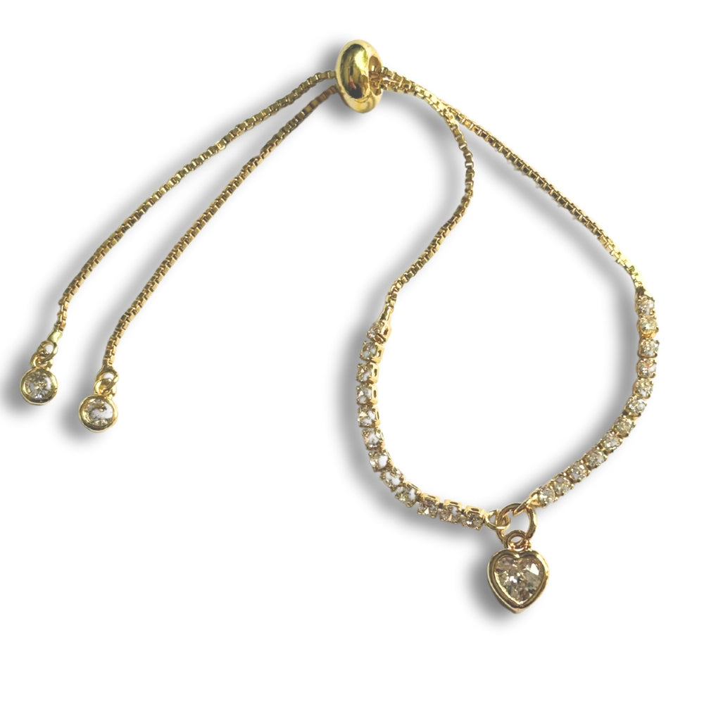 Cubic Zirconia Heart Charm on Fine Gold Diamante Slider Bracelet