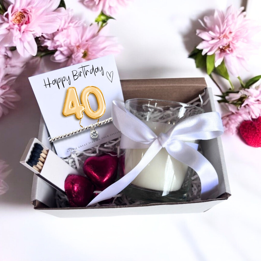 Small 40th Birthday Gold Balloon Hamper | Candle, Bracelet, Chocolates