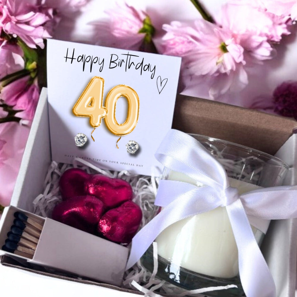 Small 40th Birthday Gold Balloon Hamper | Candle, Earrings, Chocolates