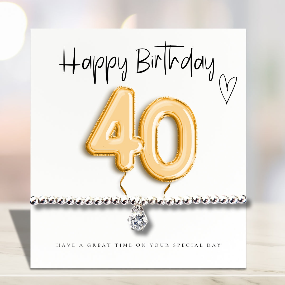 40th Birthday Cubic Zirconia Silver Bracelet & Gold Balloons Card