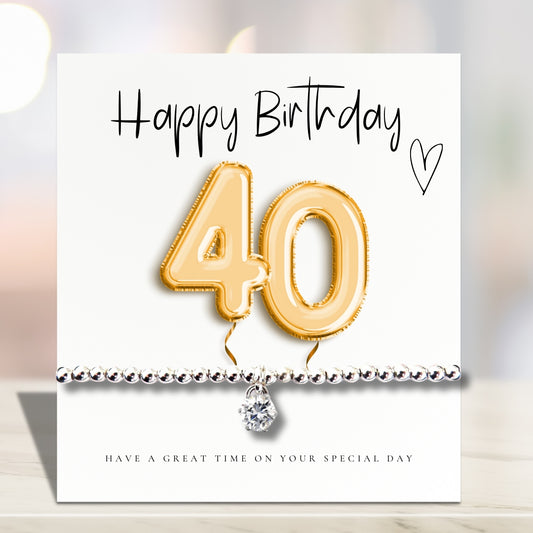 40th Birthday Cubic Zirconia Silver Bracelet & Gold Balloons Gift Card