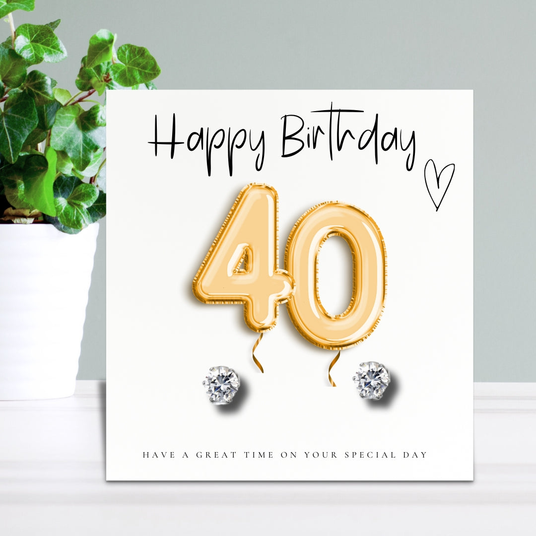 40th Birthday Cubic Zirconia Silver Earrings & Gold Balloons Gift Card
