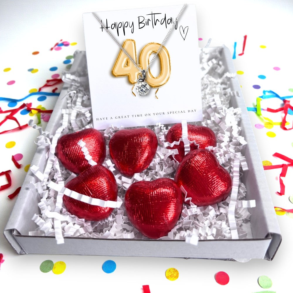 40th Birthday Cubic Zirconia Silver Necklace & Gold Balloons Mini Gift Hamper