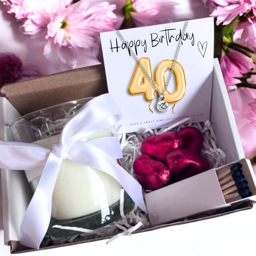 Small 40th Birthday Gold Balloon Hamper | Candle, Necklace, Chocolates