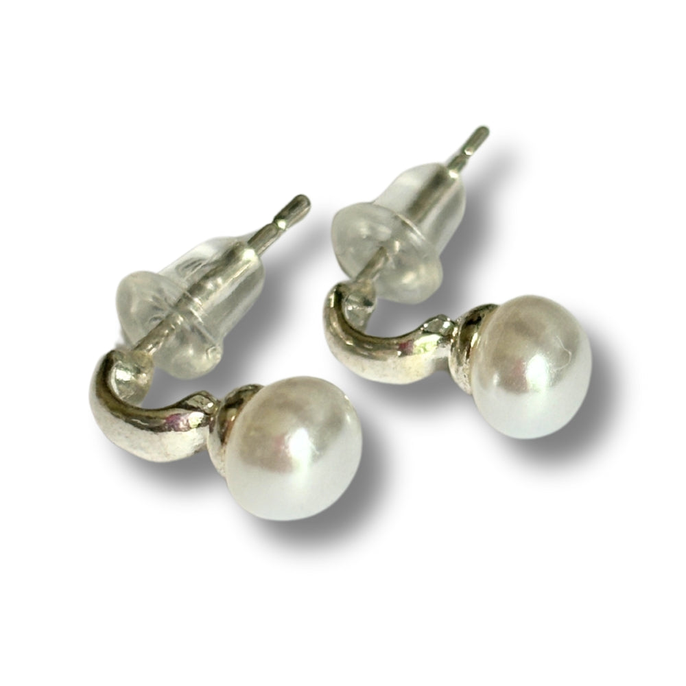 Hoop Pearl - Silver Stud Earrings