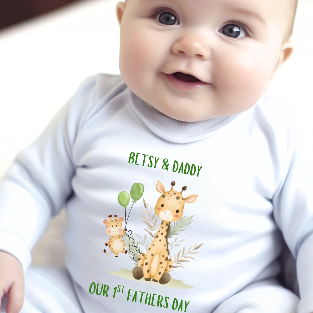 Personalised Our 1st Fathers Day Giraffe Baby Outfit: Bib, Vest, Grow