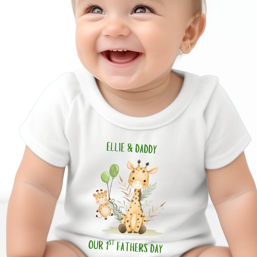 Personalised Our 1st Fathers Day Giraffe Baby Outfit: Bib, Vest, Grow