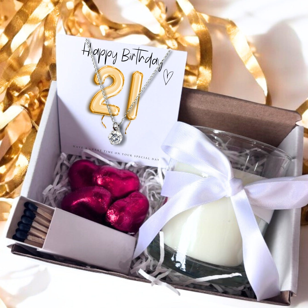 Small 21st Birthday Gold Balloon Hamper | Candle, Necklace, Chocolates