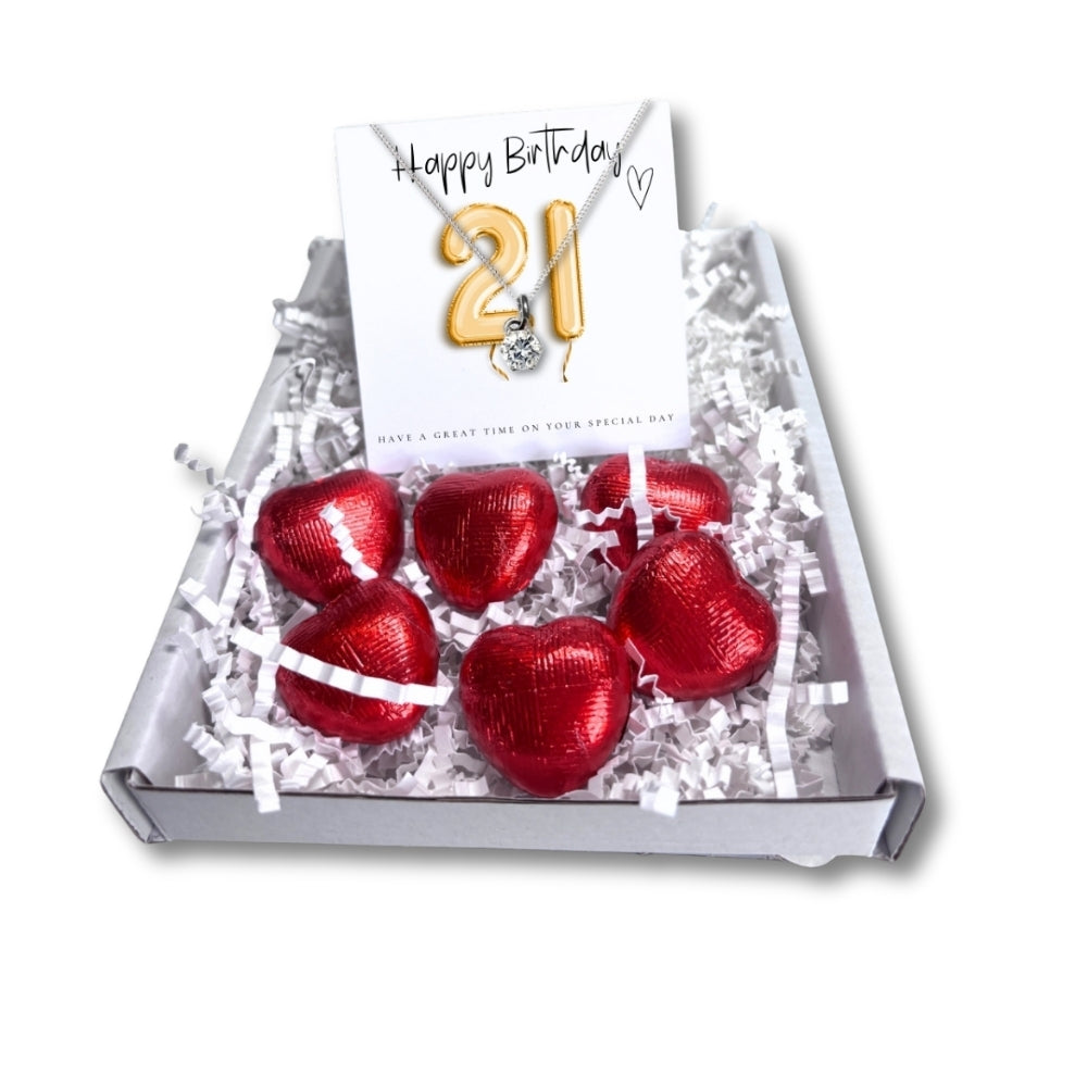21st Birthday Cubic Zirconia Necklace & Gold Balloons Mini Hamper