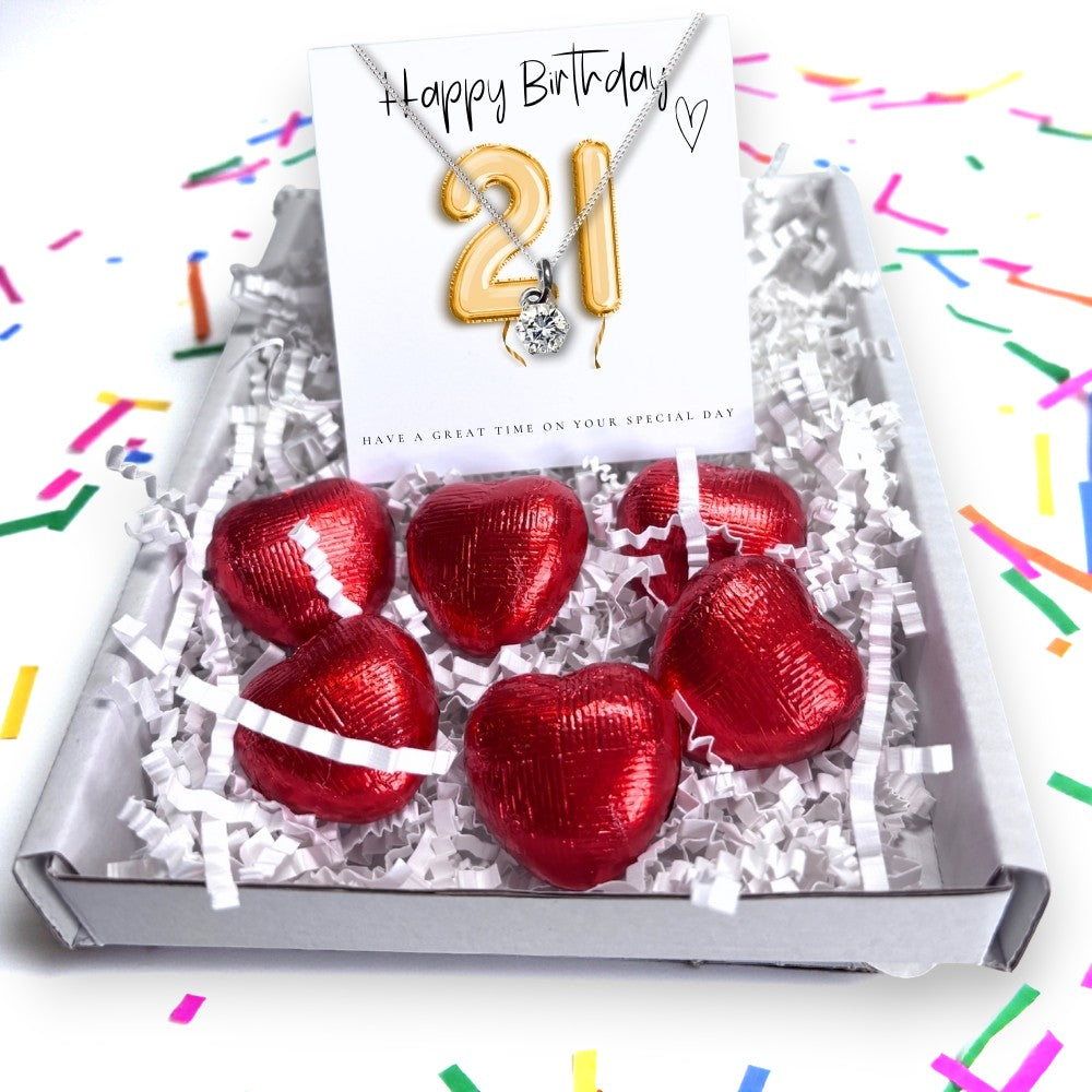 21st Birthday Cubic Zirconia Necklace & Gold Balloons Mini Hamper