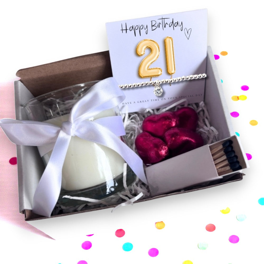 Small 21st Birthday Gold Balloons Hamper | Candle, Bracelet, Chocolate