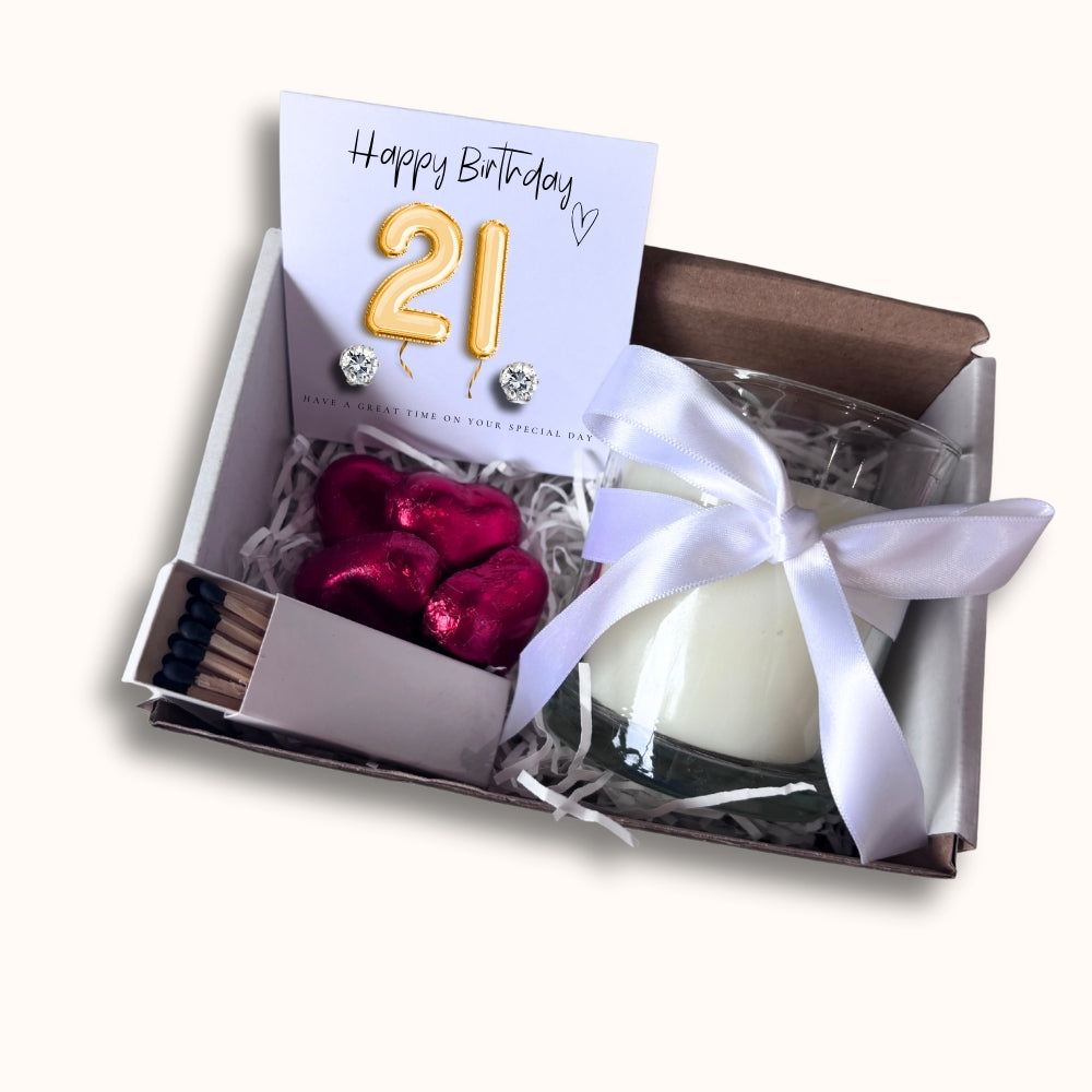 Small 21st Birthday Gold Balloon Hamper | Candle, Earrings, Chocolates
