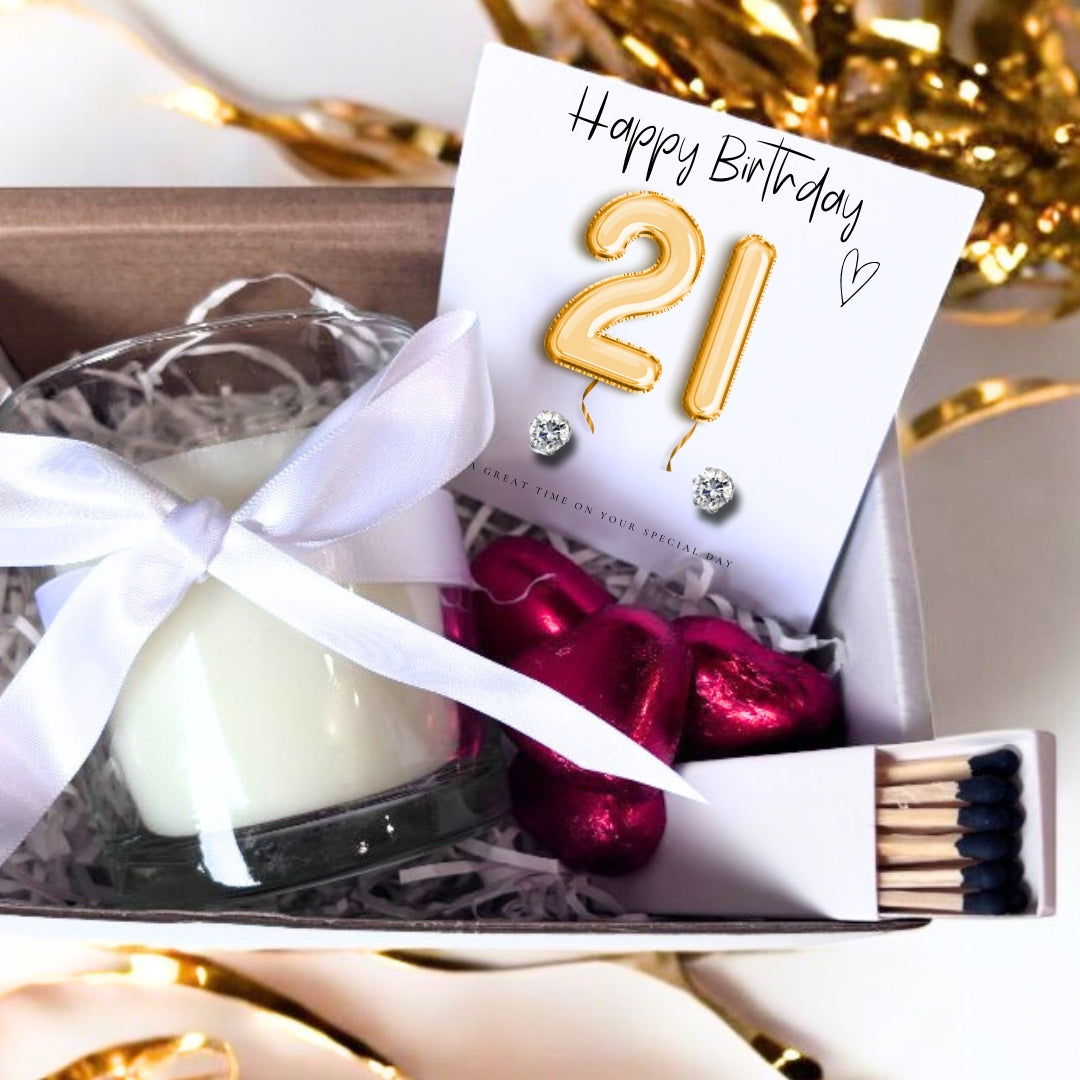 Small 21st Birthday Gold Balloon Hamper | Candle, Earrings, Chocolates