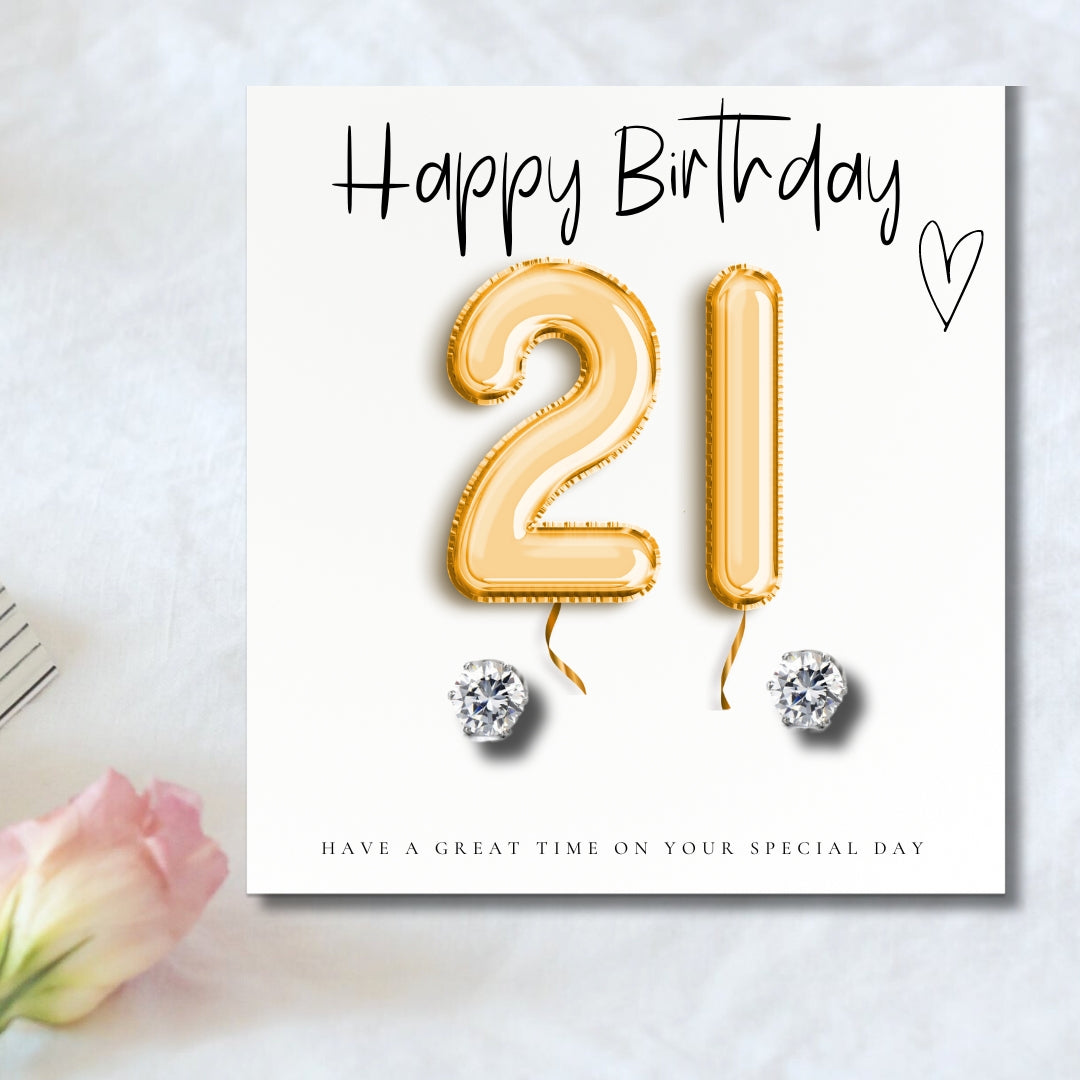 21st Birthday Cubic Zirconia Silver Earrings & Gold Balloons Gift Card