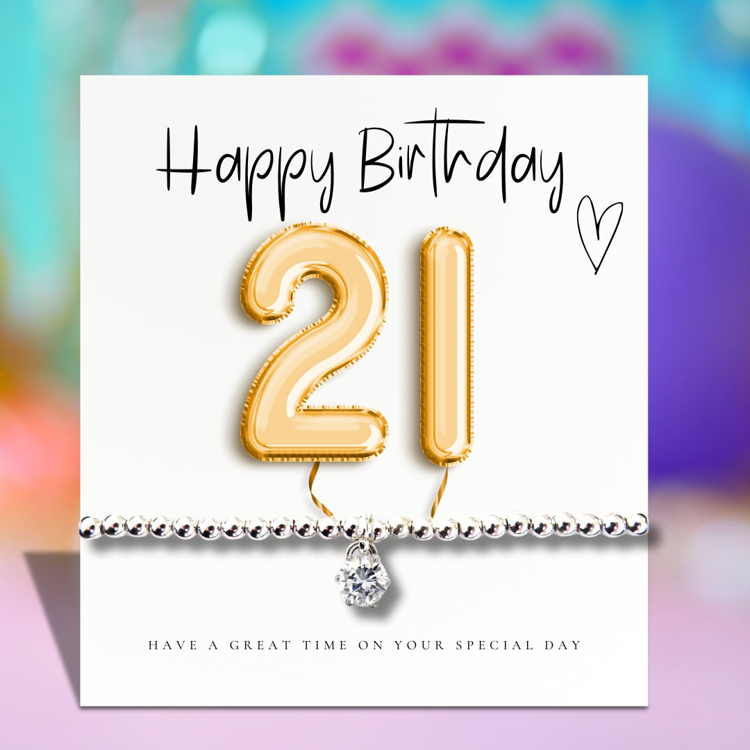 21st Birthday Cubic Zirconia Silver Bracelet & Gold Balloons Card