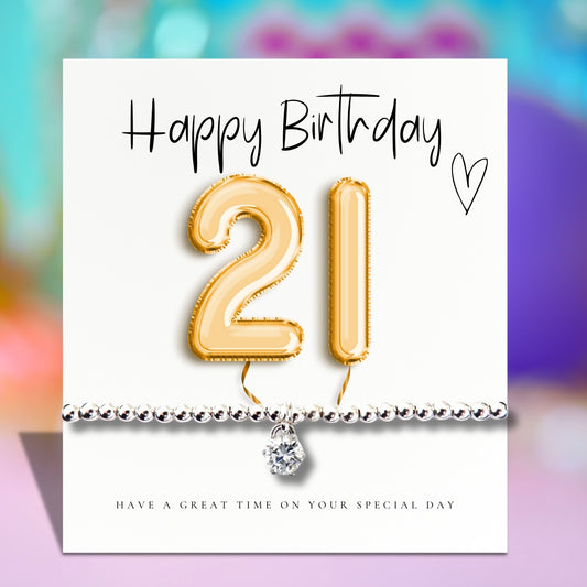 21st Birthday Cubic Zirconia Silver Bracelet & Gold Balloons Gift Card