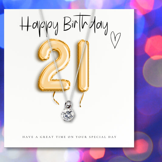 21st Birthday Cubic Zirconia Silver Necklace & Gold Balloons Gift Card