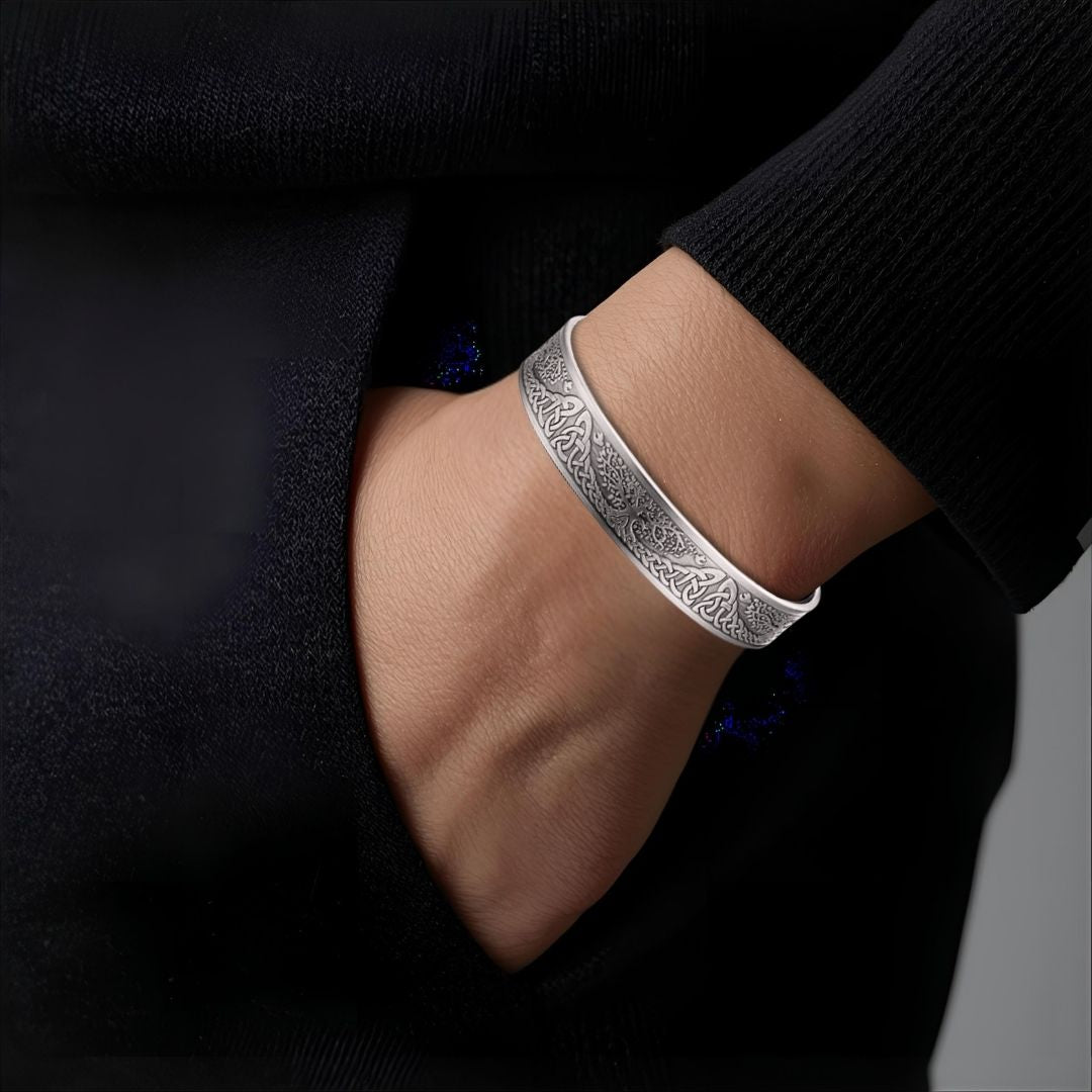 Men's Silver Family Tree Cuff Bangle - Magnetic Energy