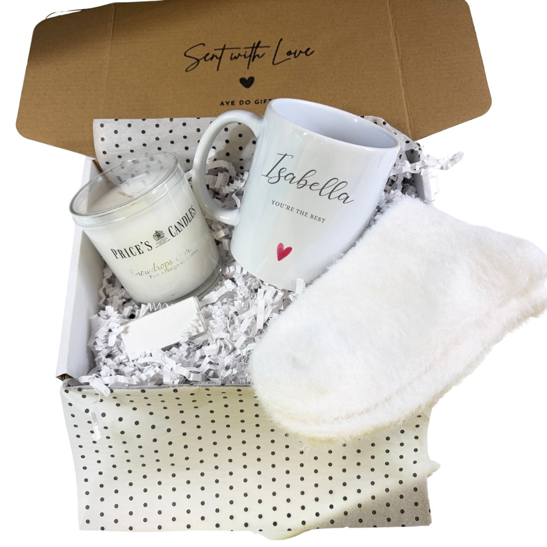 Personalised Pink Flowers Heart Name Mug, Candle & Socks Gift Hamper | Sister Friend Daughter