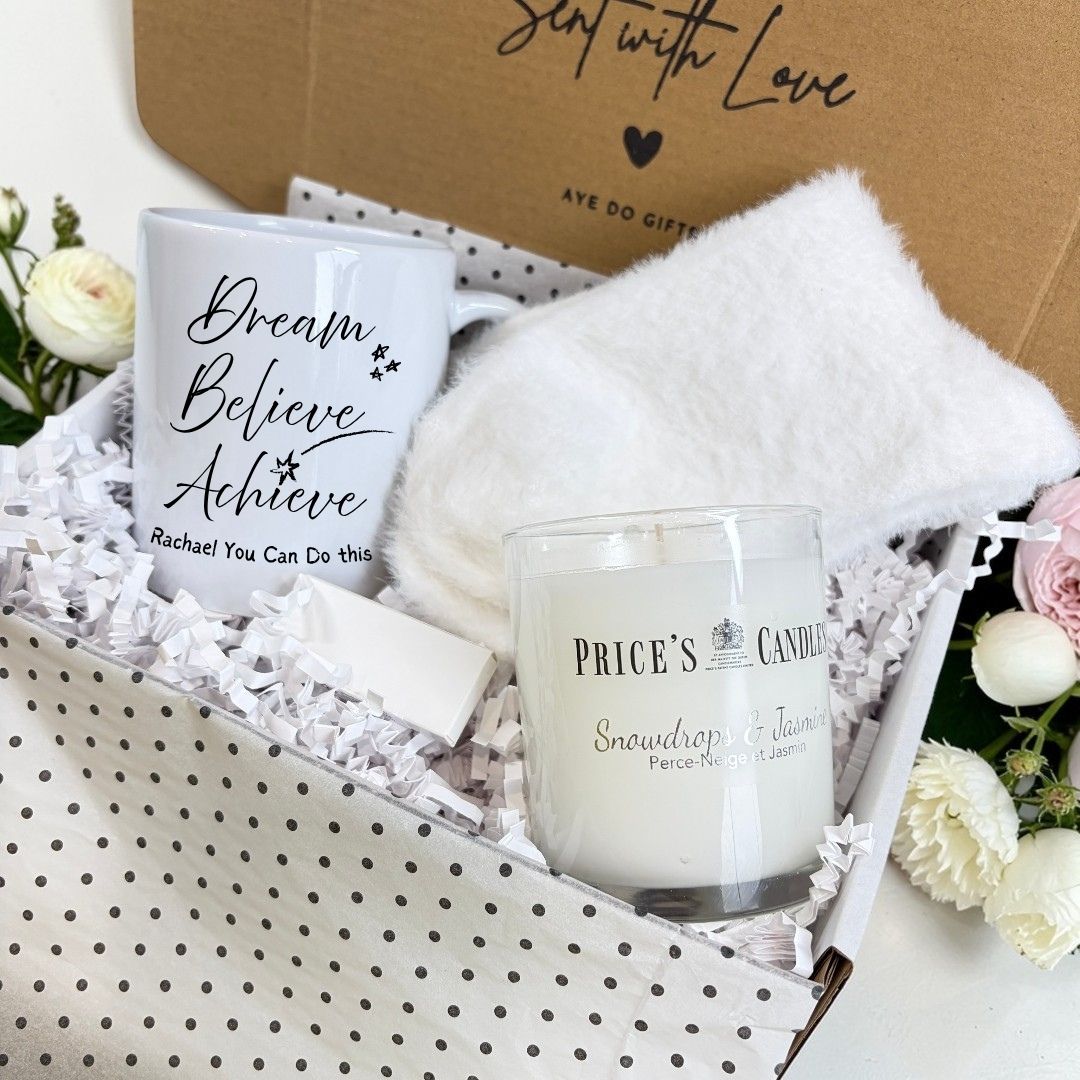 Personalised Dream Believe Achieve Mug, Candle & Socks Gift Hamper | Birthday Gift