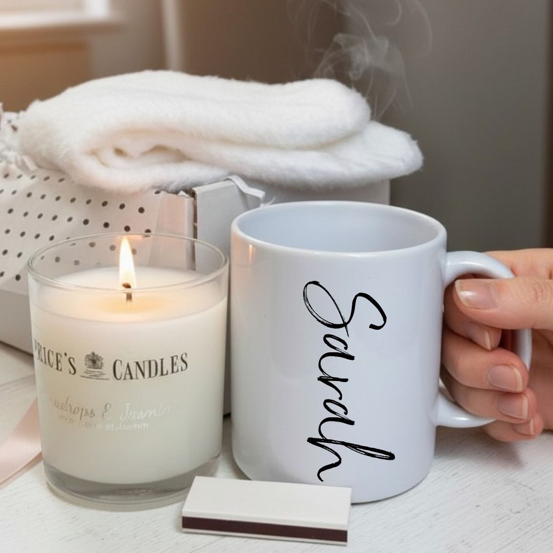 Personalised Script Name Mug, Candle & Socks Gift Hamper | Birthday Gift