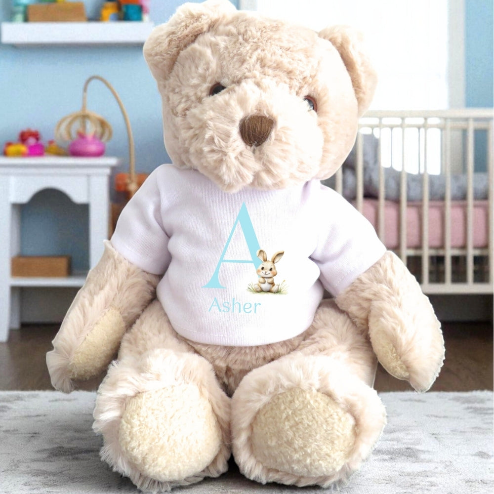 Personalised Luxury Teddy Bear with Blue Initial Bunny T-Shirt
