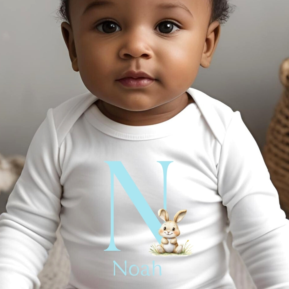 Personalised Blue Initial Baby Bunny Outfit: Bib, Vest, Baby Grow