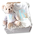 Personalised Blue Initial Bunny Gift Hamper - Teddy & Baby Vest