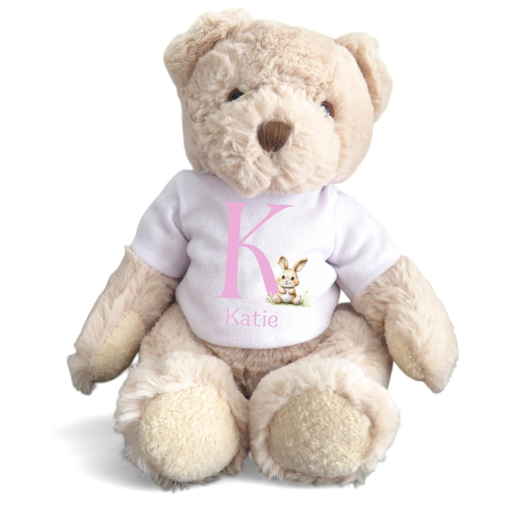 Personalised Luxury Teddy Bear with Pink Initial Bunny T-Shirt