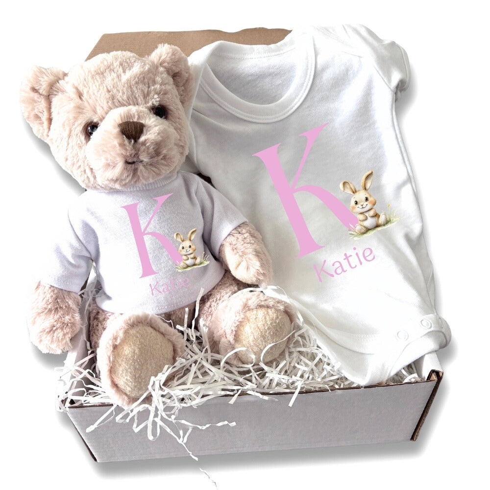 Personalised Pink Initial Bunny Gift Hamper - Teddy & Baby Vest