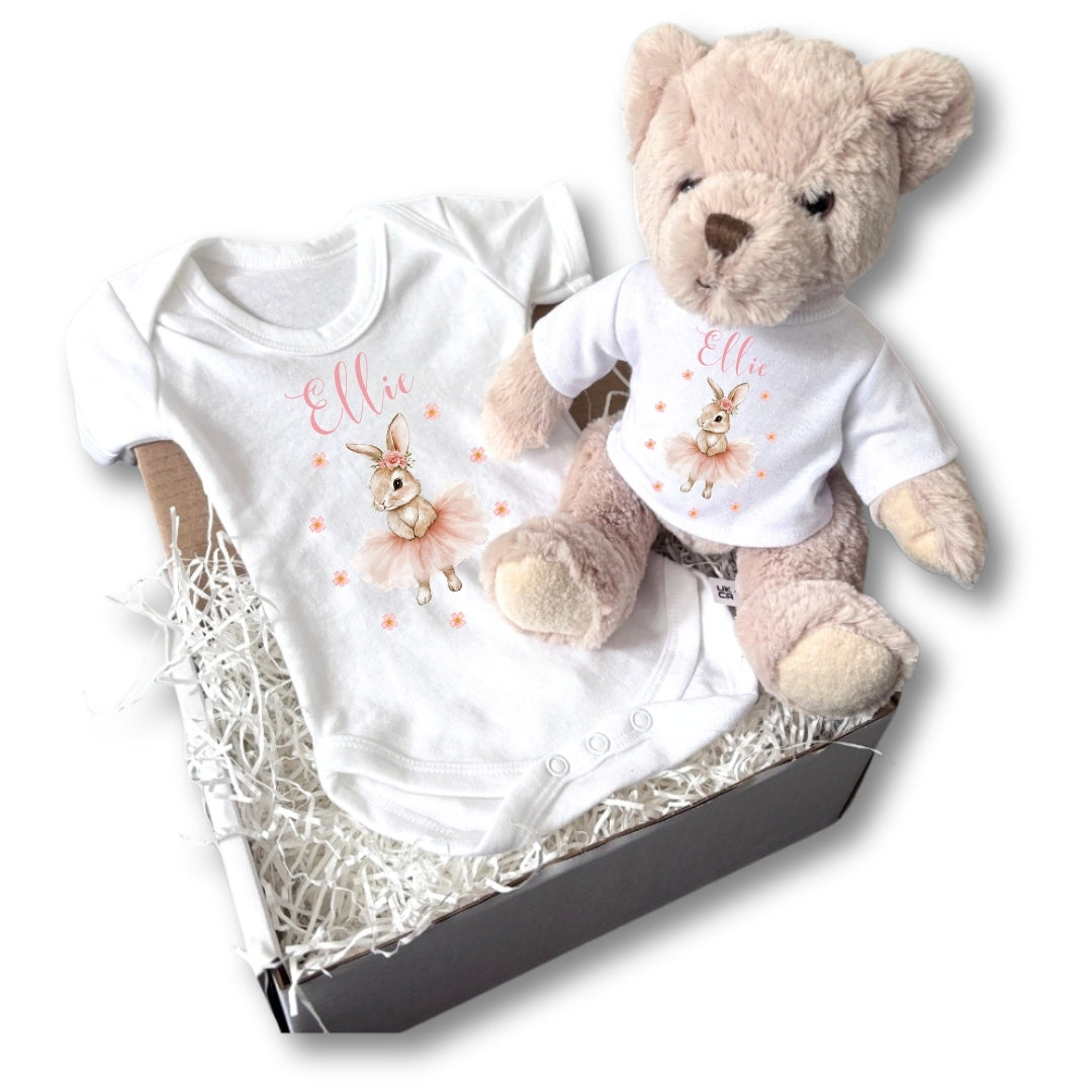 Personalised Ballet Bunny Baby Gift Hamper - Teddy & Baby Vest