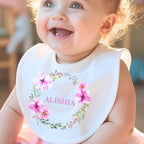 Personalised Pink Flower Wreath Baby Outfit – Bib, Vest, Baby Grow