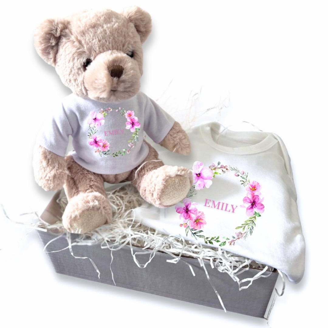 Personalised Pink Flower Wreath Baby Gift Hamper - Teddy & Baby Vest